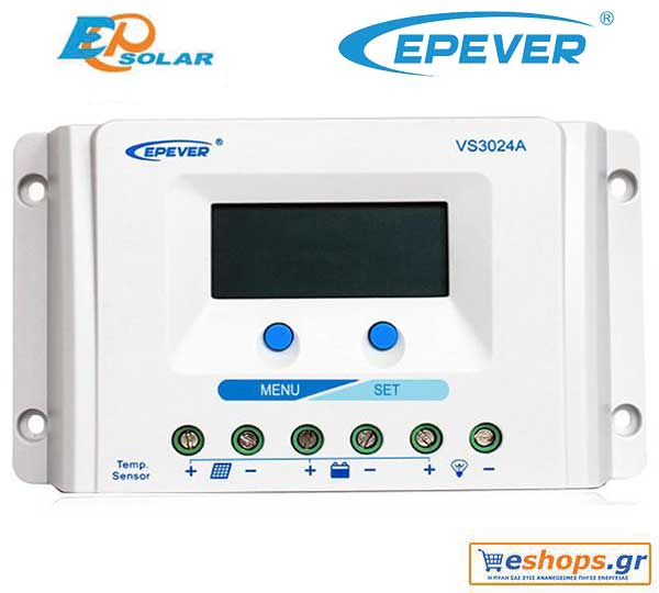 Ψηφιακός ρυθμιστής φόρτισης 30A / 12V τεχνολογίας PWM Epsolar / EPEVER VS3024A 30A 12V / 24V για αυτόνομα φωτοβολταϊκά συστήματα.