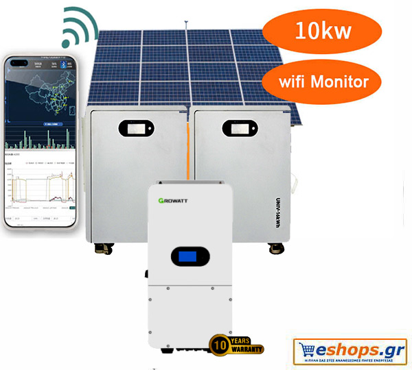 10kw έως 50kwh-60kwh Αυτόνομο φωτοβολταϊκό σύστημα-φόρτιση αυτοκινήτου με 17 Φ/Β πάνελ 585 WATT + Υβριδικό Inverter charger GROWATT SPM 10000TL-HU – 10kW IP65 ON/OFF GRID Inverter Μονοφασικό + 32KWH LIFEPO4 για Κουζίνα-Φούρνο, Πλυντήριο+Κλιματιστικό+ηλεκτρικό σίδερο+σκούπα+